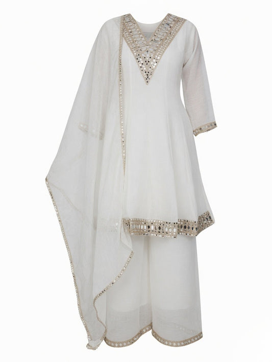 White-Mirror Work Kurta Palazzo Set