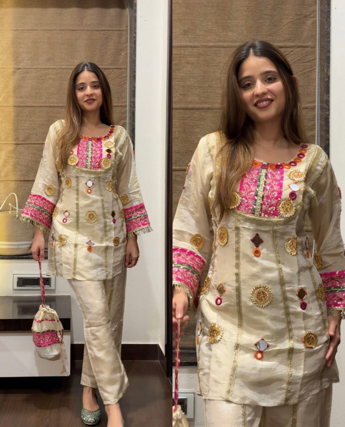 Gota Patti embroidered kurta set with Potli bag