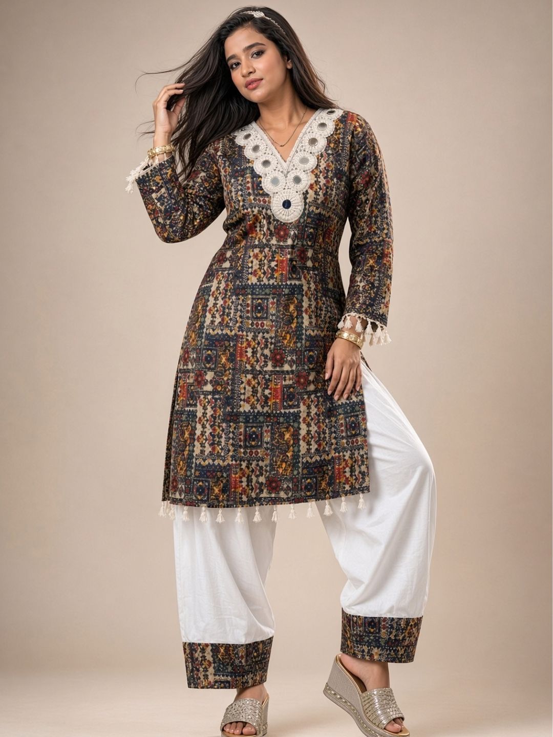 Multicolour printed kurta with white farshi salwar and mirror lace neckline | Saviias Studioz
