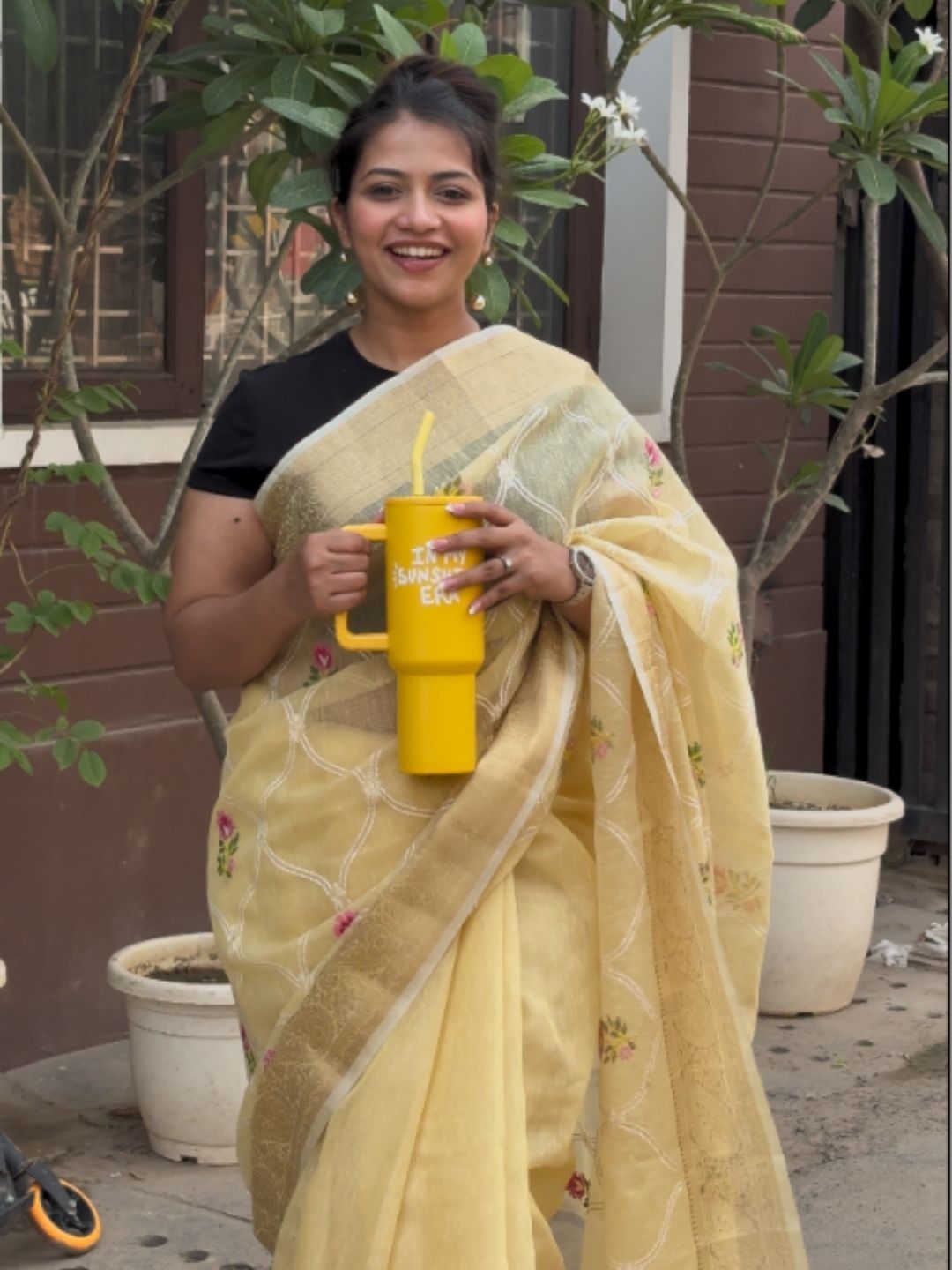 Lemon Yellow Floral Embroidered Kota Doria Saree with Zari Border