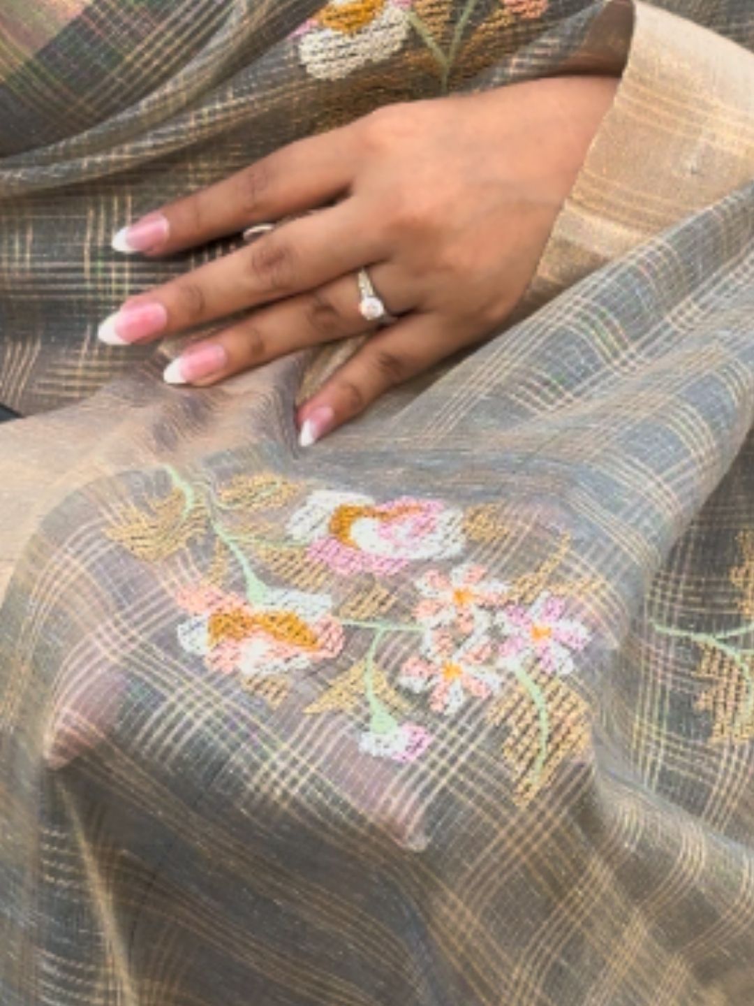 Grey Floral Embroidered Kota Doria Saree with Zari Border
