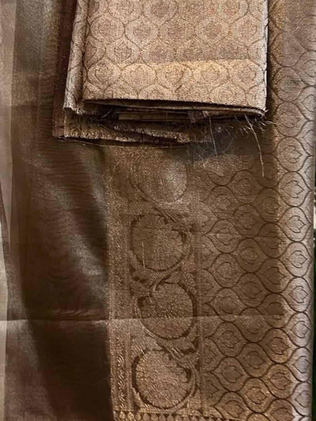 Copper brown ready to wear Banarasi tissue saree, pre-stitched – full length look | Saviias Studioz