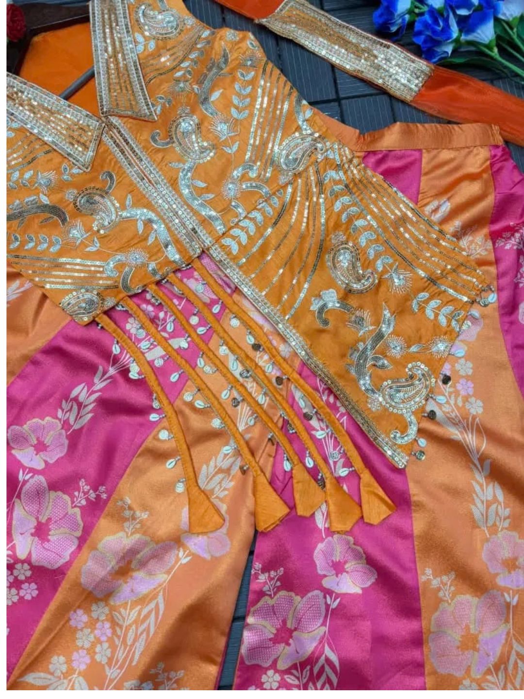 Orange pink sequin jacket top with floral wide leg palazzo set – work detail | Saviias Studioz