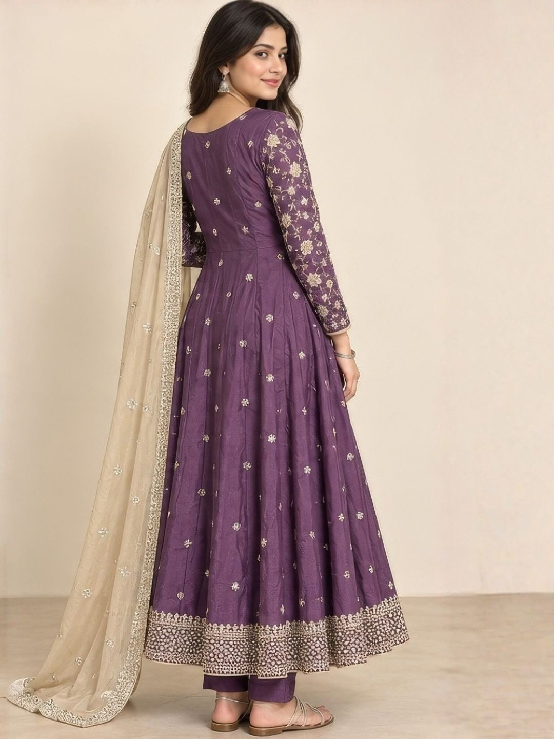 Purple embroidered anarkali suit set with gota border and dupatta – full length look | Saviias Studioz