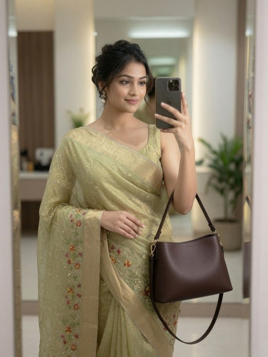 Pista Green Embroidered small mirror Kota Doria Saree with Zari Border