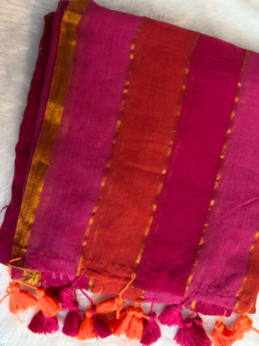 Rani pink and orange striped mul cotton saree – zari line detail | Saviias Studioz