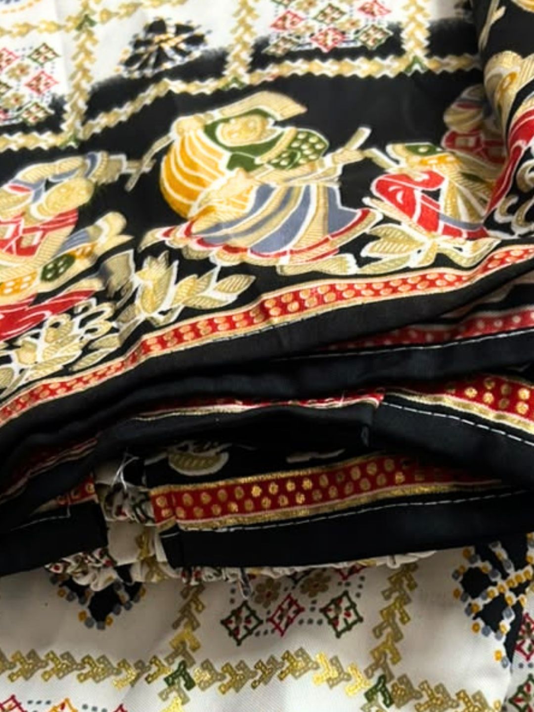 White & Black Printed Kurta Palazzo Set with Folk Art Border