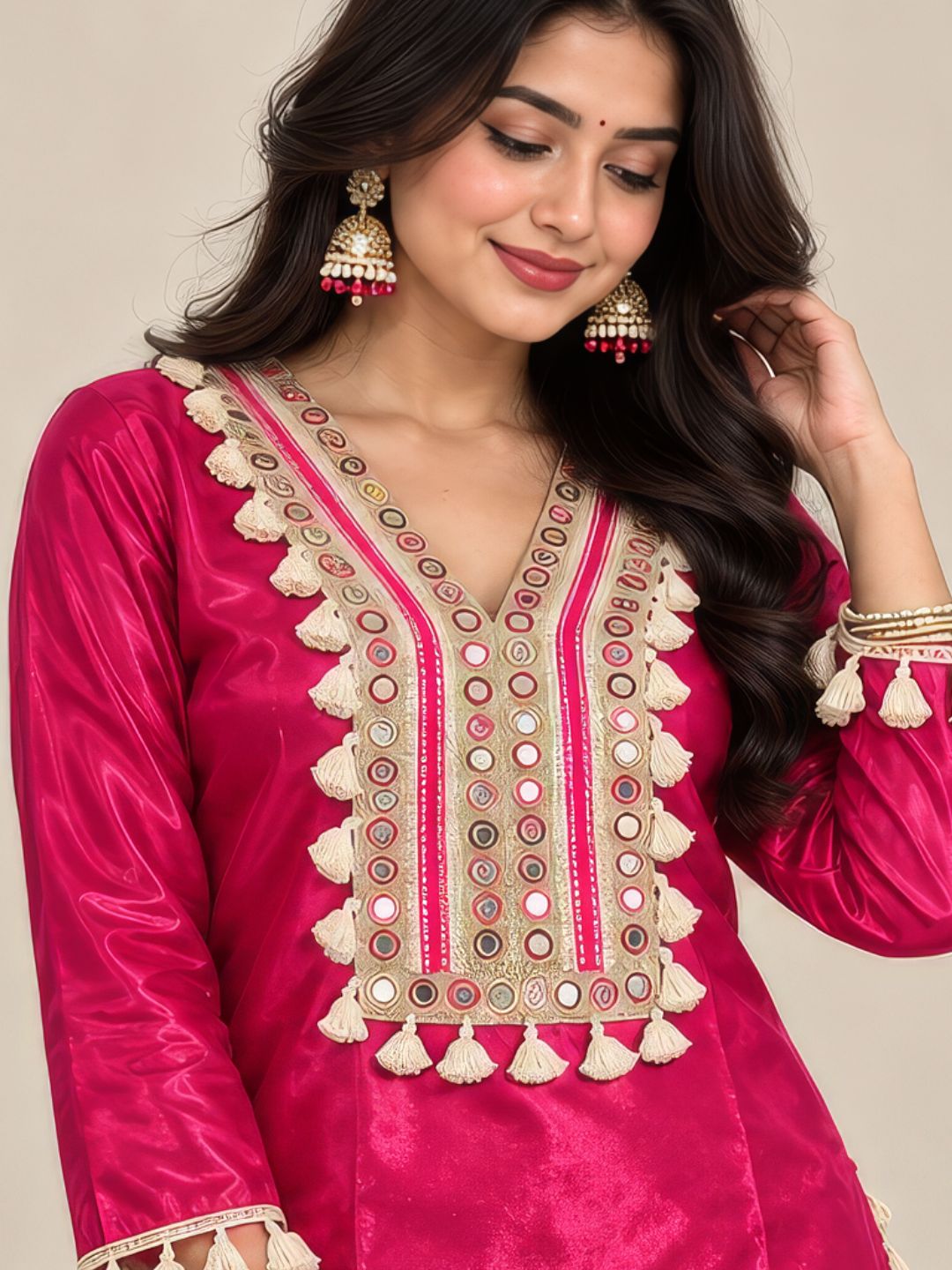 Rani pink farshi salwar suit with mirror work and tassels – full length look | Saviias Studioz