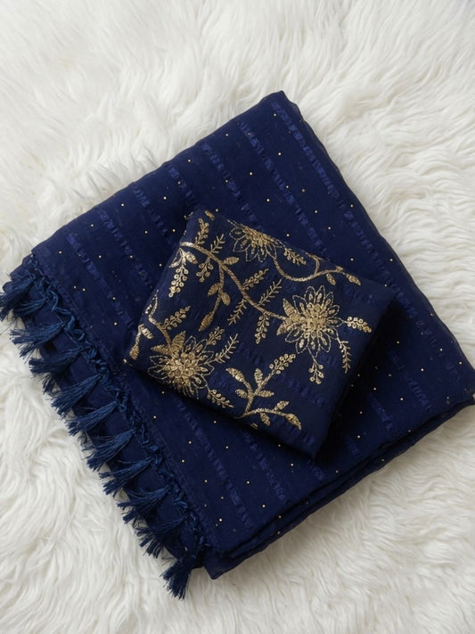 Midnight Blue Chiffon Saree with golden Dot Embellishments & Tassel Pallu