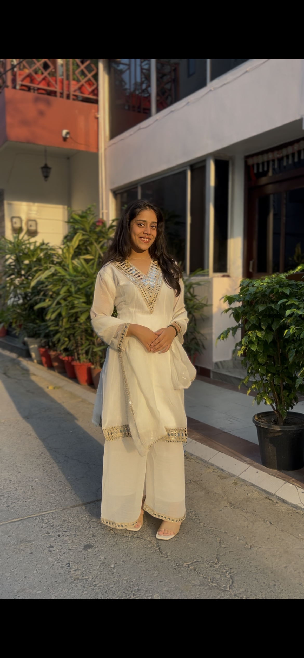 White-Mirror Work Kurta Palazzo Set