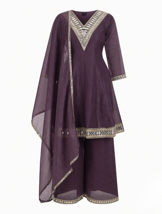 Dark Violet-Mirror Work Kurta Palazzo Set