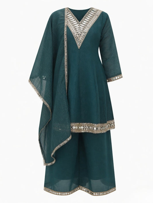 Peacock Blue - Mirror Work Kurta Palazzo Set
