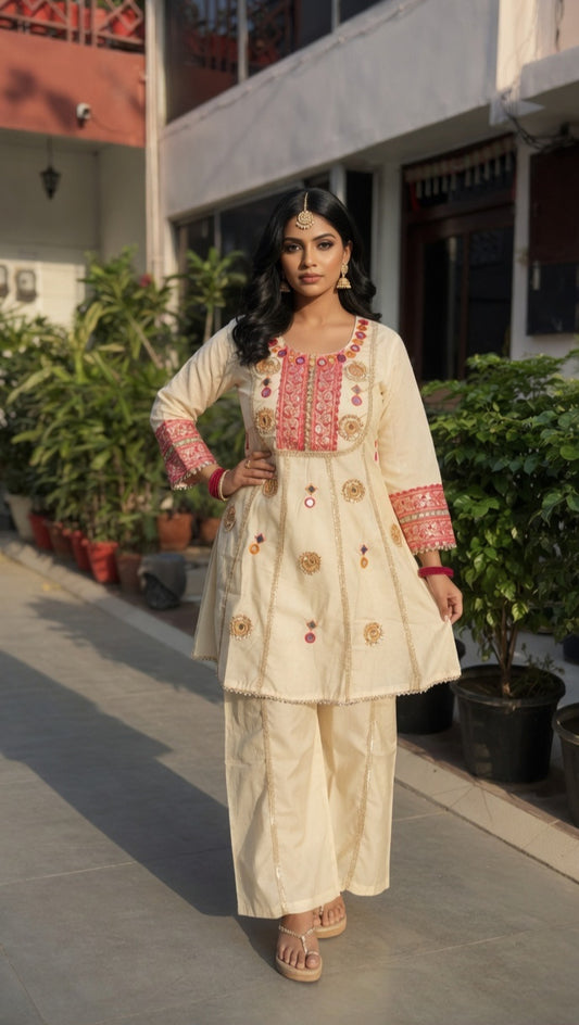 Gota Patti embroidered kurta set with Potli bag