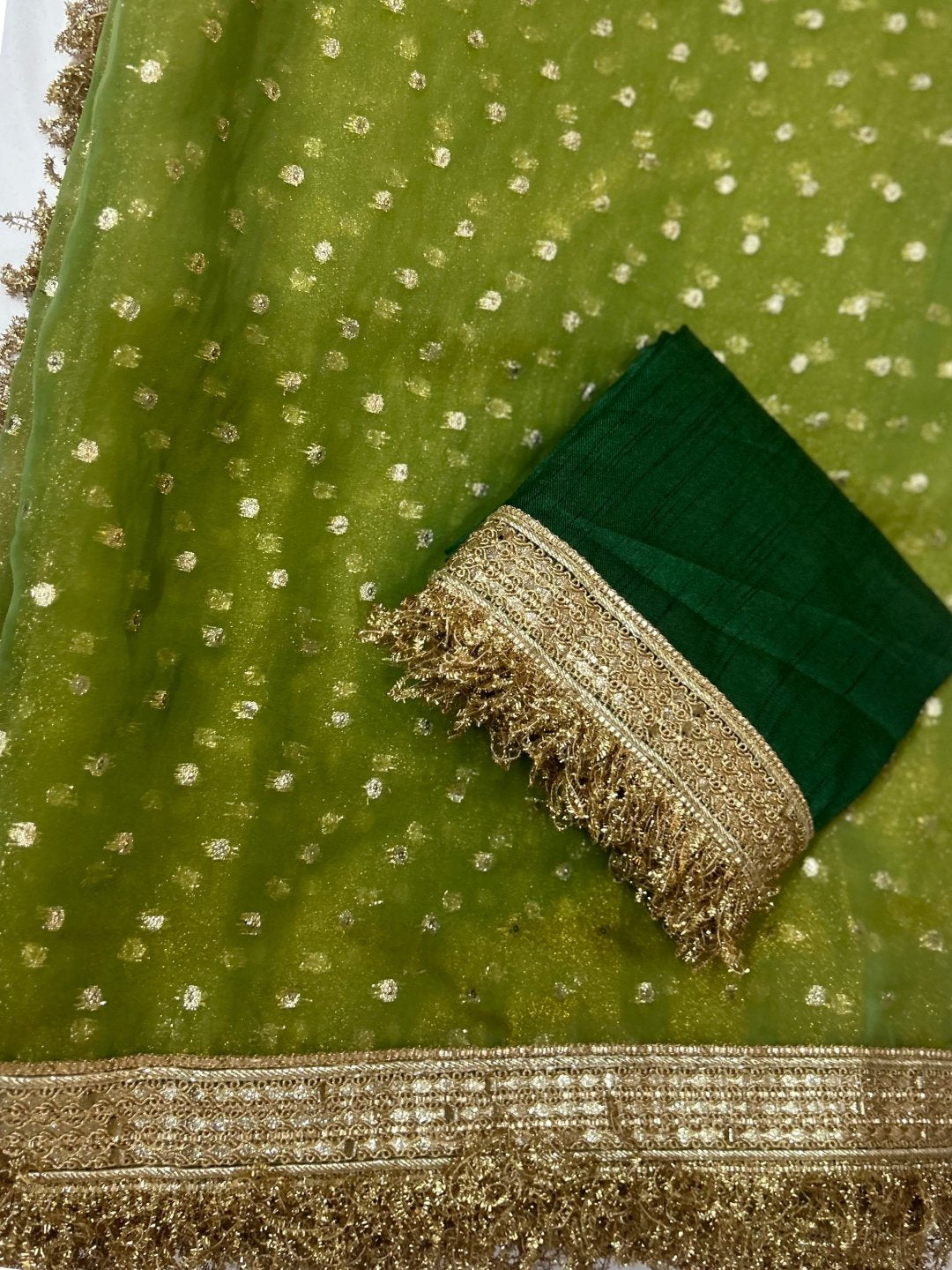 Organza all over butti work & lace saree- Parrot Green color
