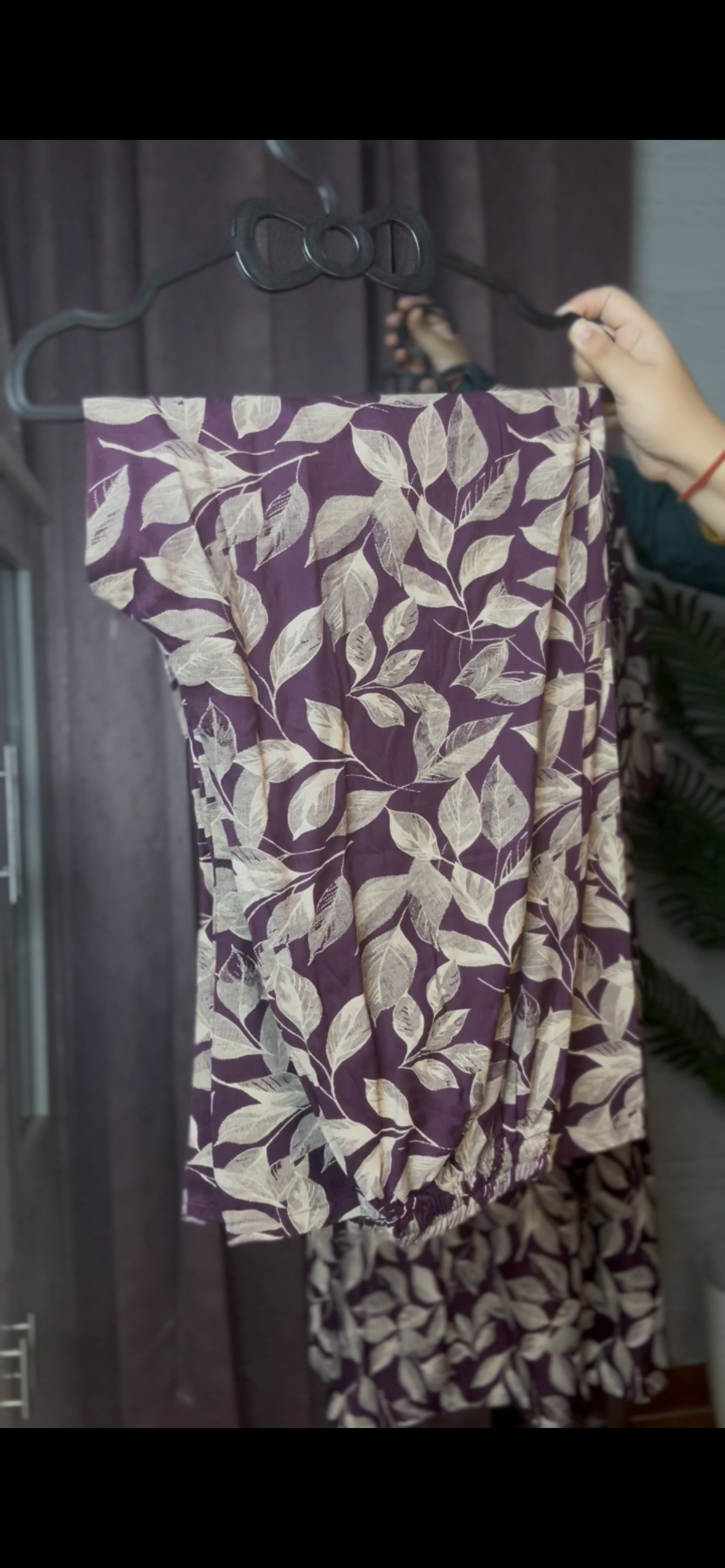 Purple & Beige Leaf Printed Co-Ord Set | V-Neck Kurta with Matching Pants for Women