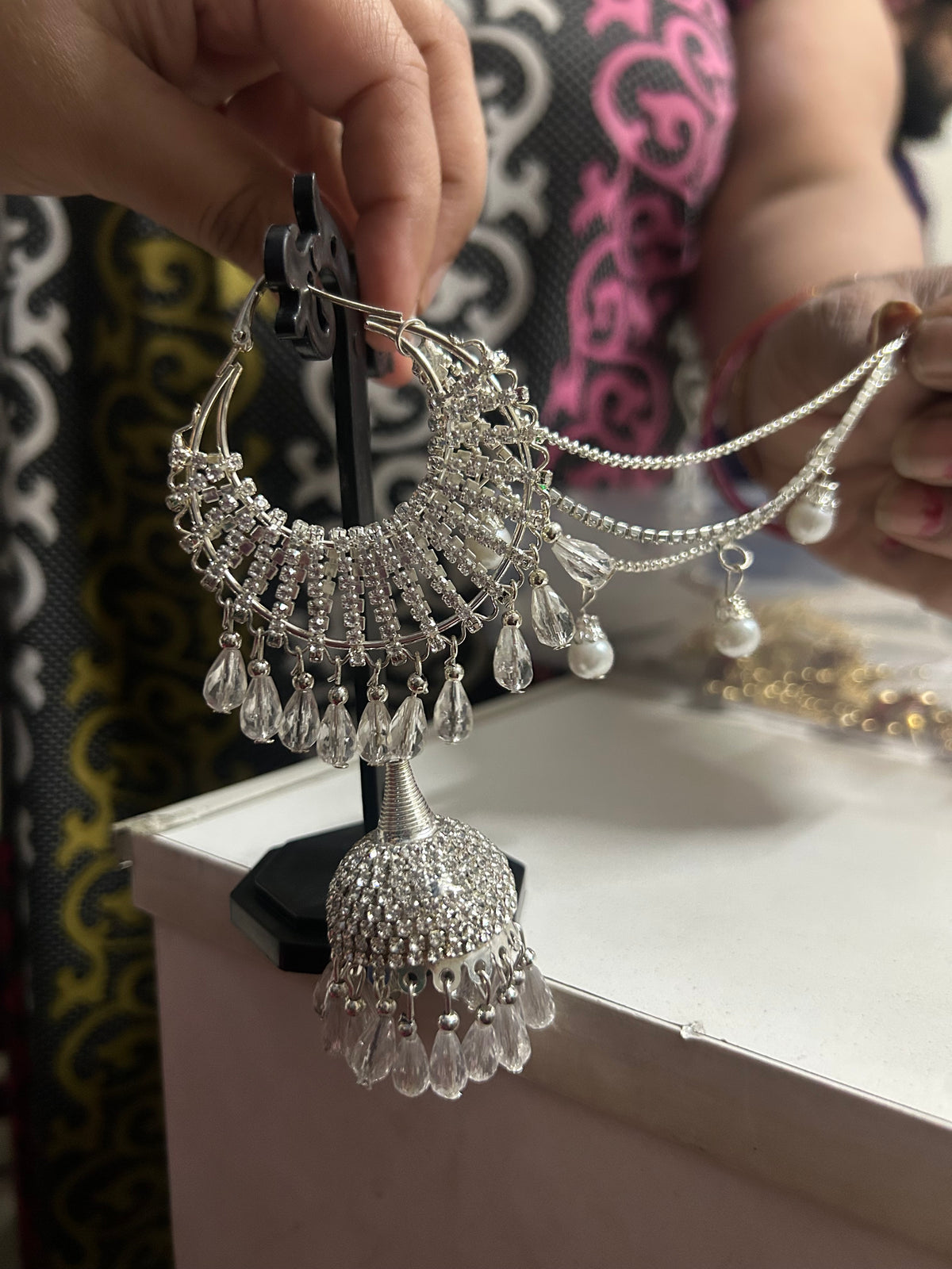 Silver Crystal Chandbali Jhumka with Pearl Ear Chain