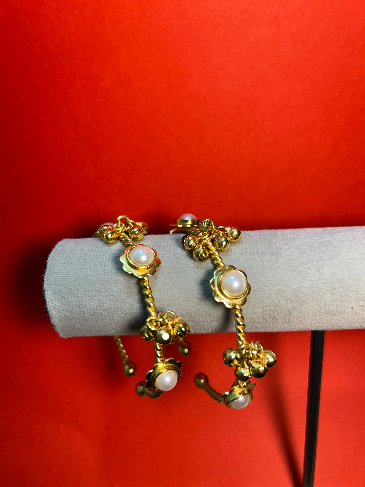 Gold Pearl Flower Ghungroo Twisted Bangles (Set of 2)