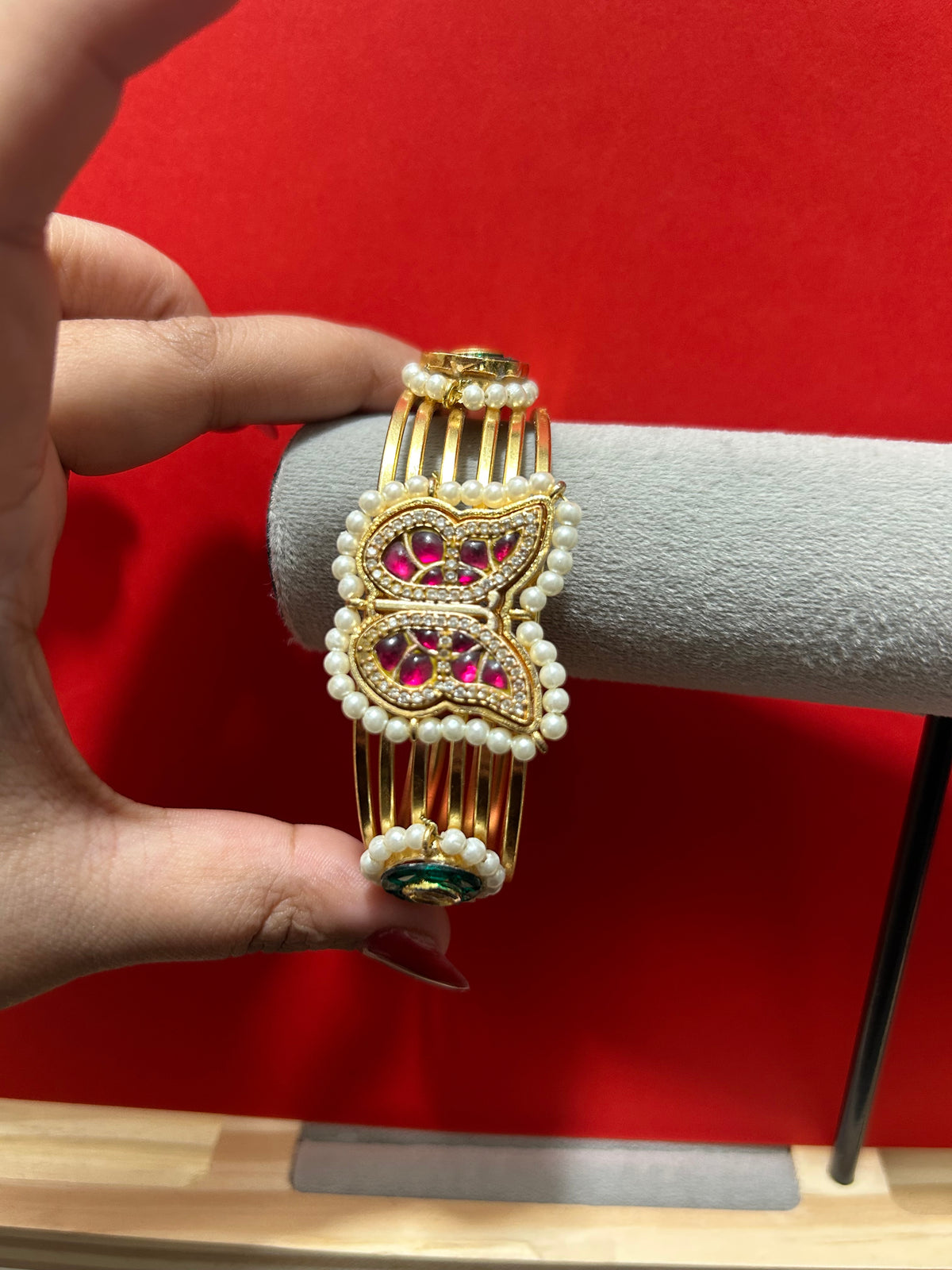 Ruby Kundan Butterfly Pearl Cuff Kada