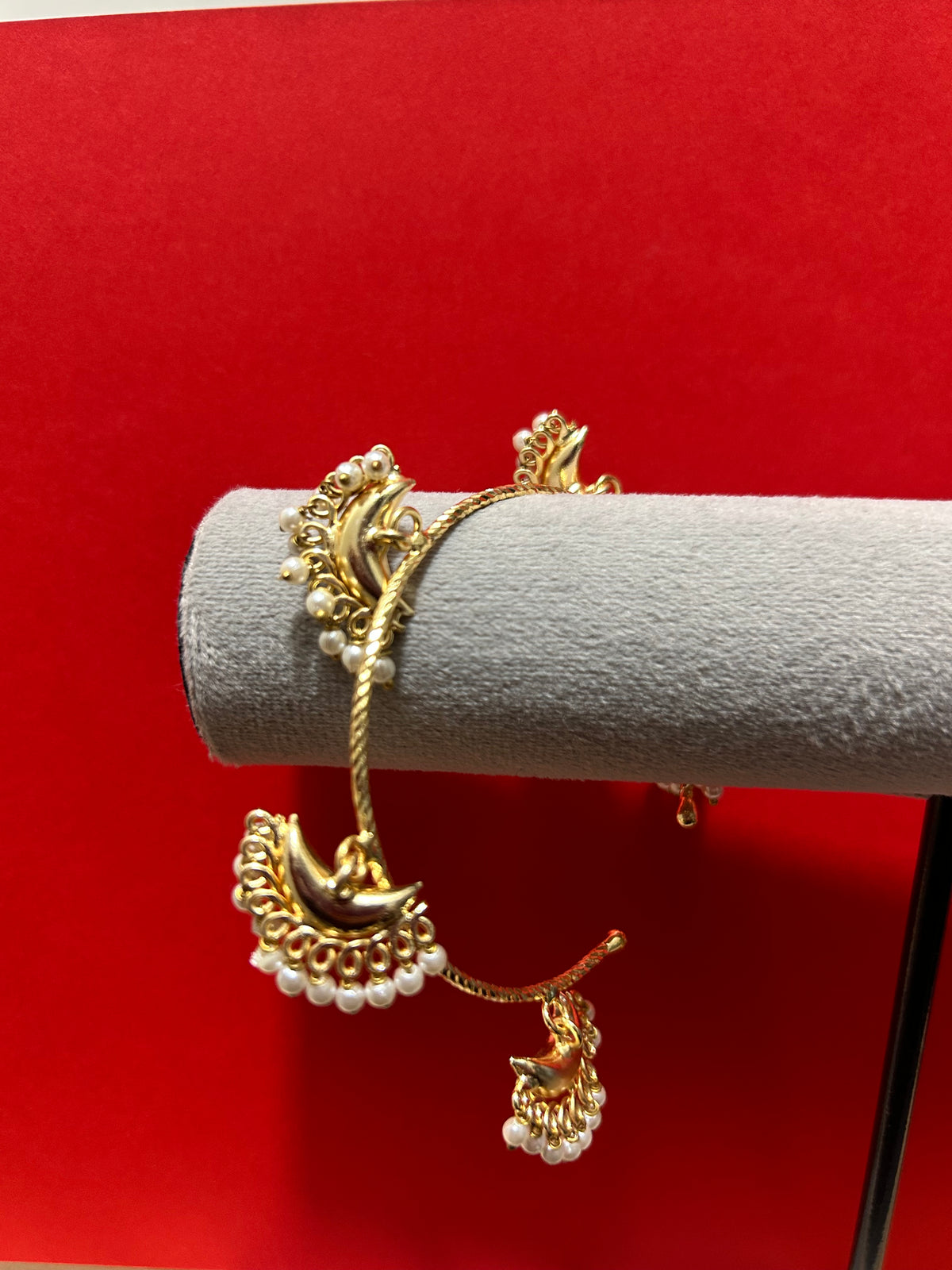 Gold Pearl Crescent Moon Open Kada with Chand Charms