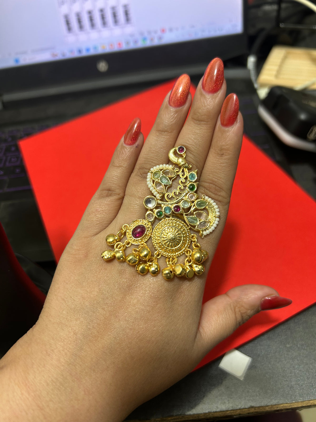 Peacock Kundan Ghungroo Statement Ring