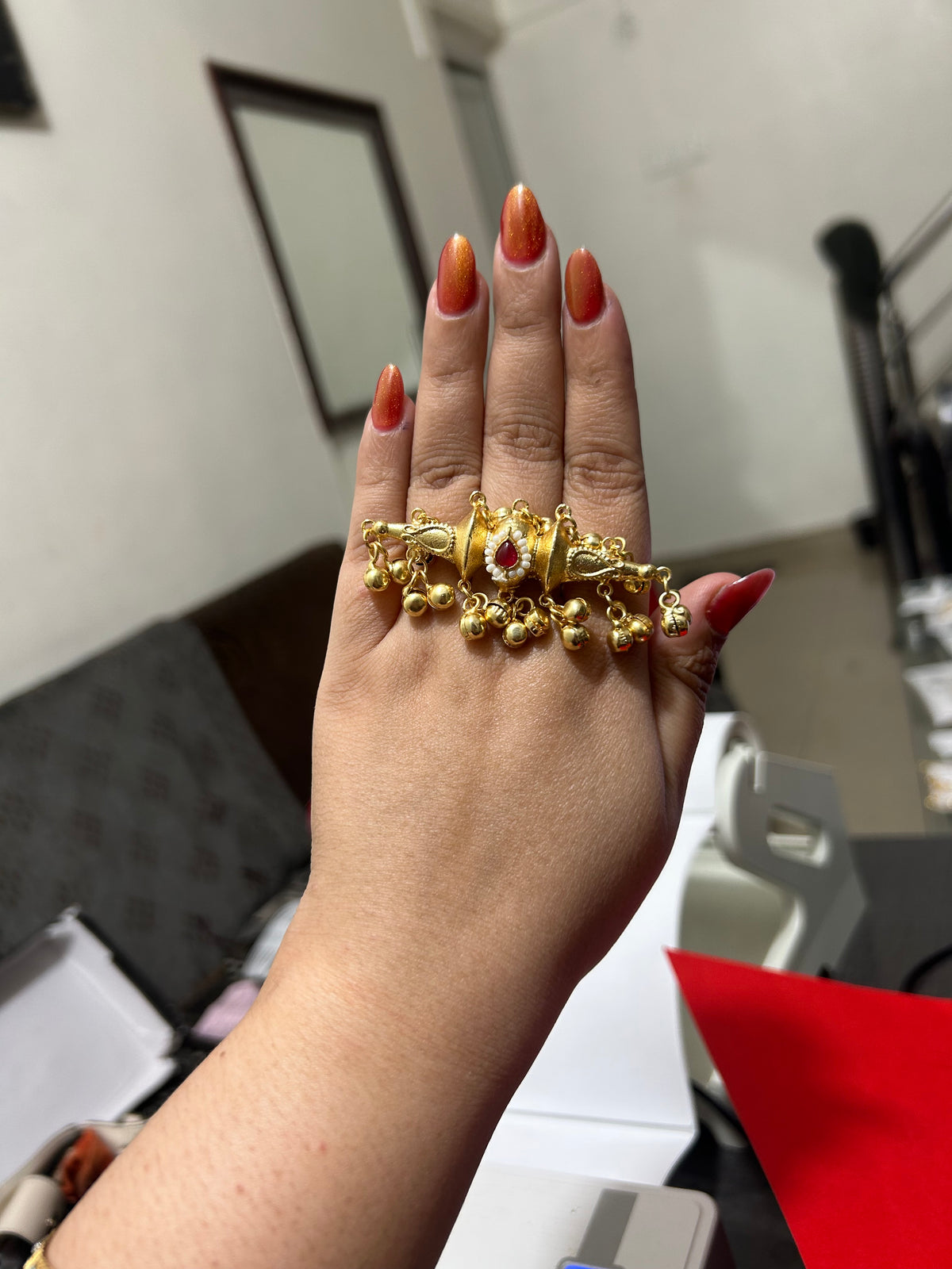 Gold Ghungroo Statement Ring with Ruby & Pearl