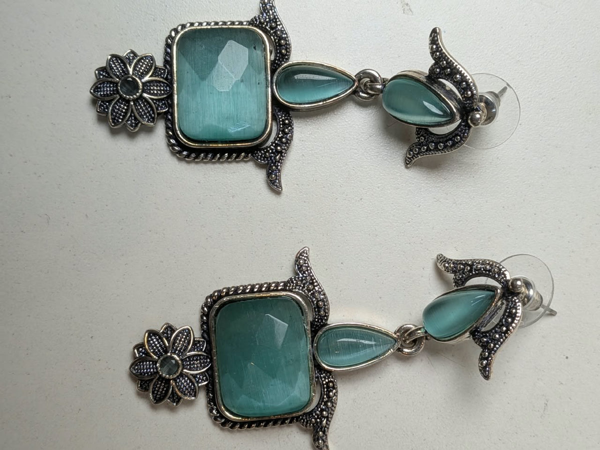 Sky Blue Square Stone Silver Floral Drop Earrings