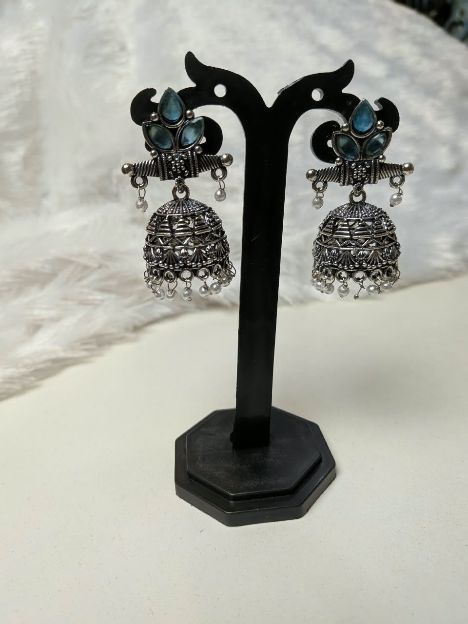 Small Teal Stone Silver Jhumka
