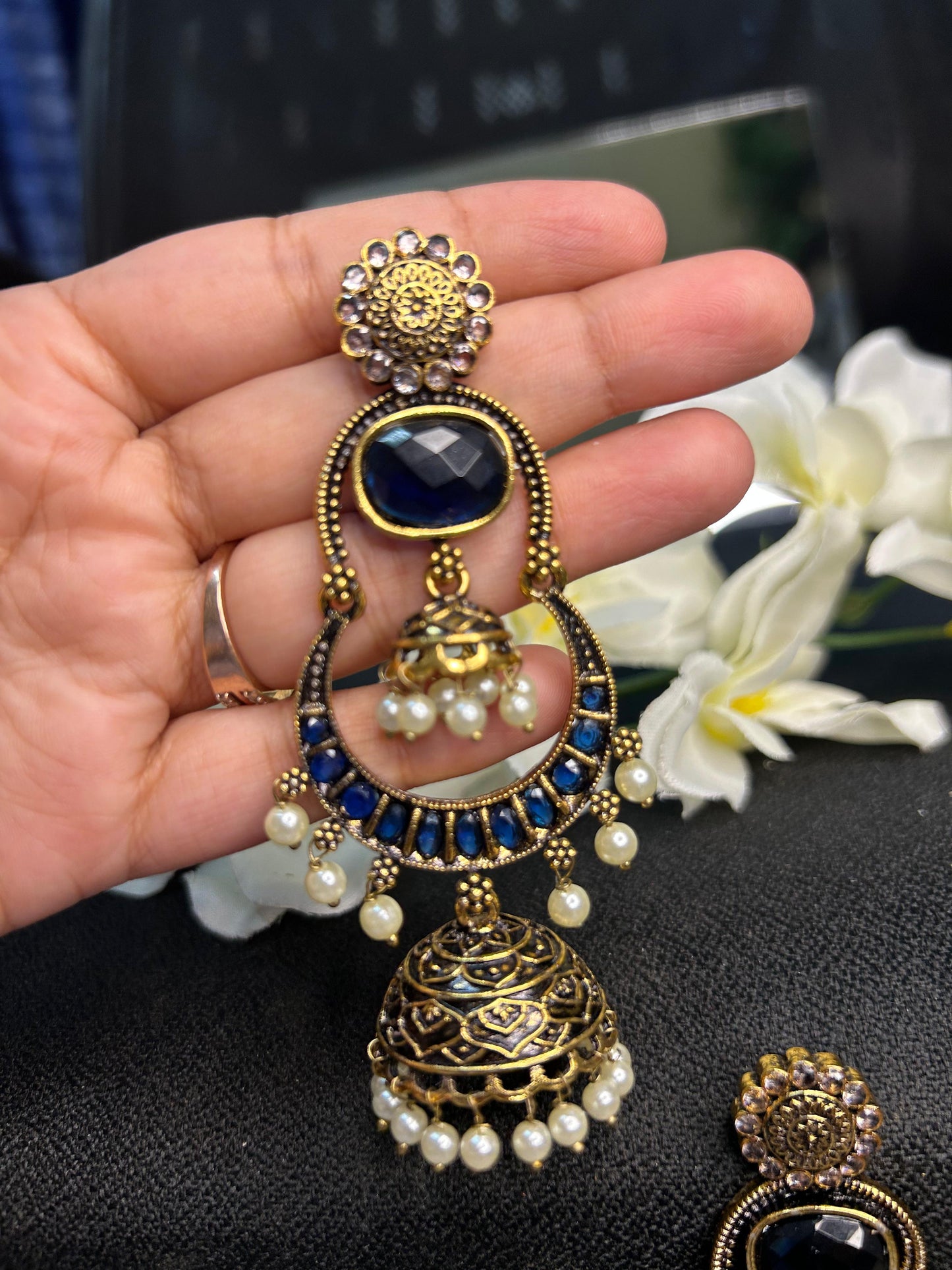 Dark Blue Golden Double Jhumka
