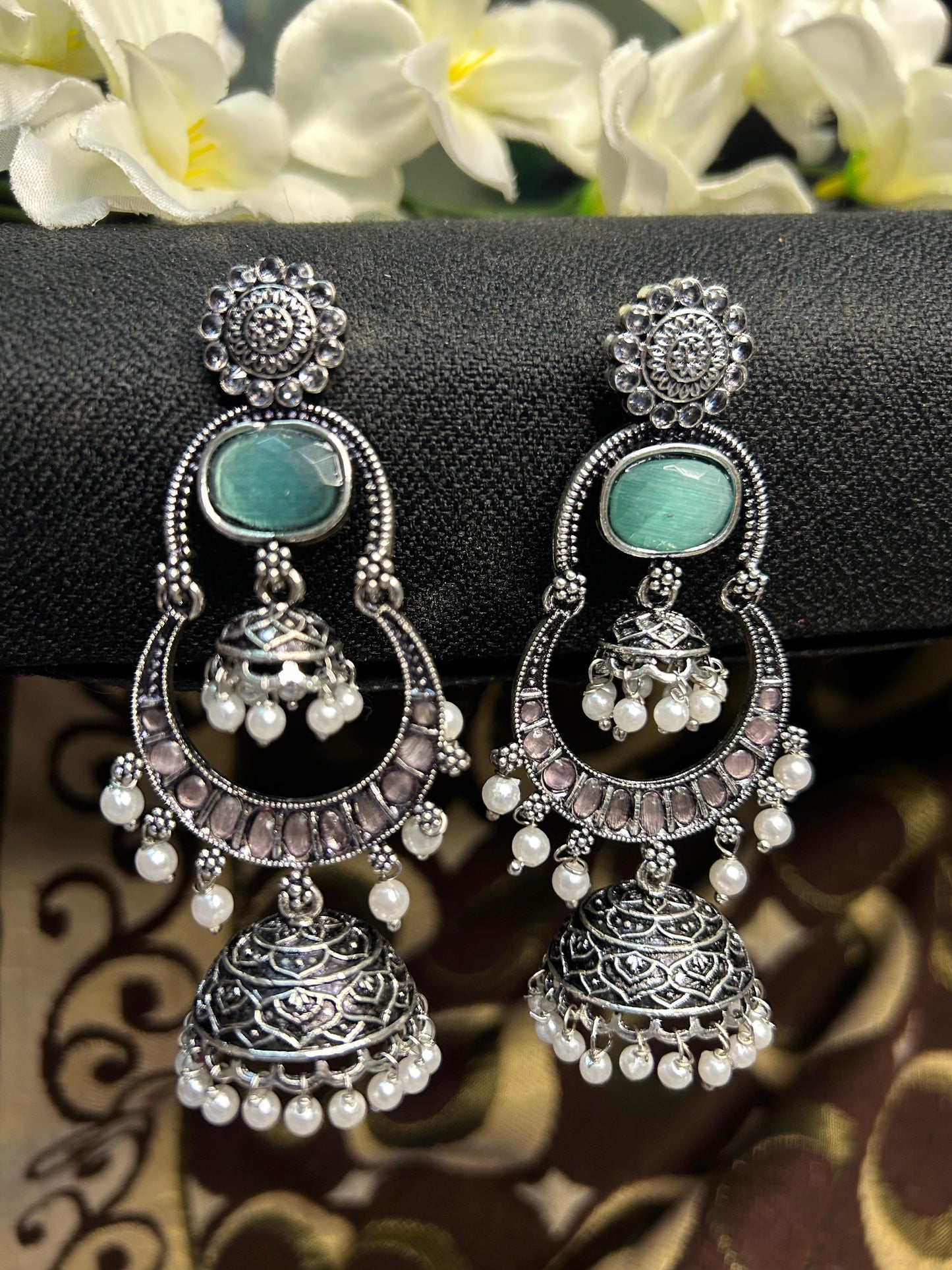 Teal Silver Double Jhumka