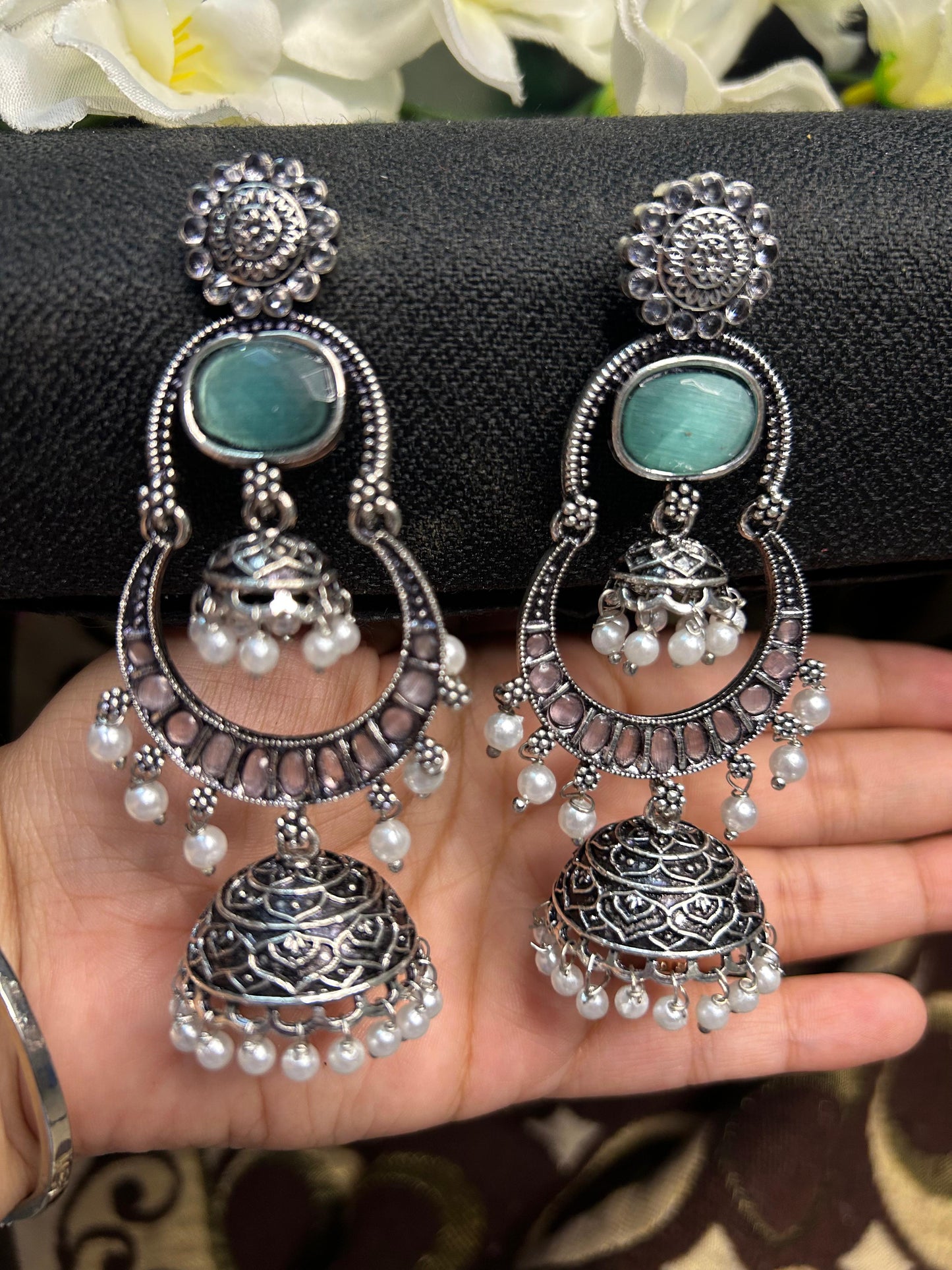 Teal Silver Double Jhumka