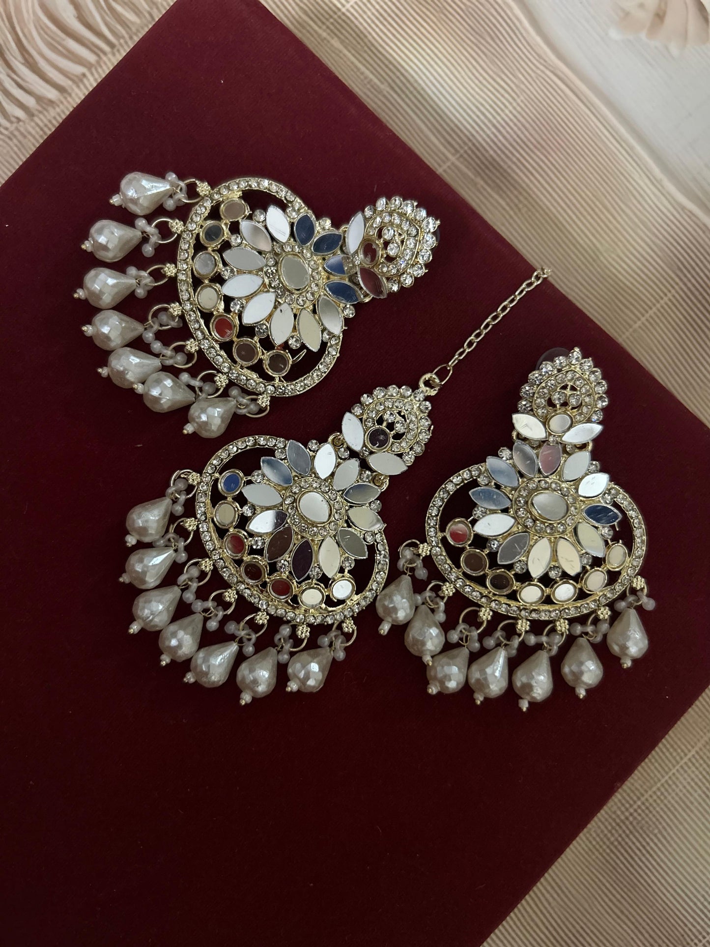 Royal Mirror Pearl Chand Bali Earrings & Mang Tika set