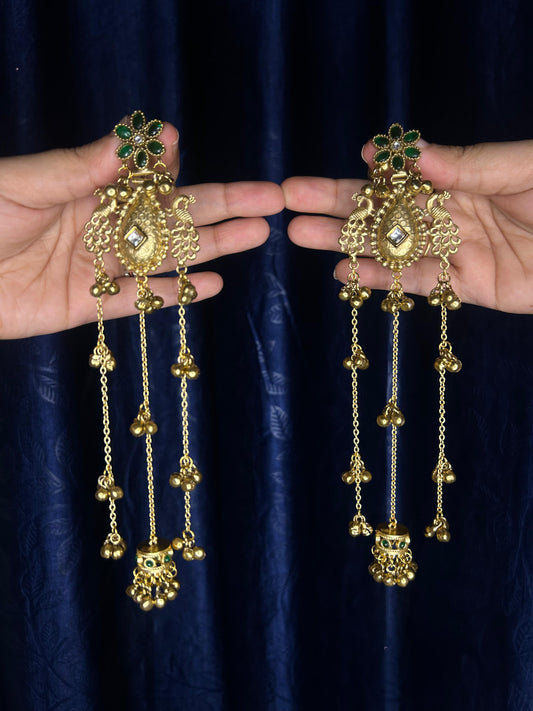 Kashmiri Ghungroo Earrings with Green Flower
