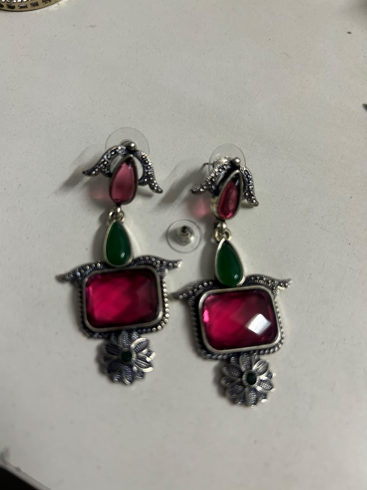 Pink & Green Square Stone Silver Floral Drop Earrings