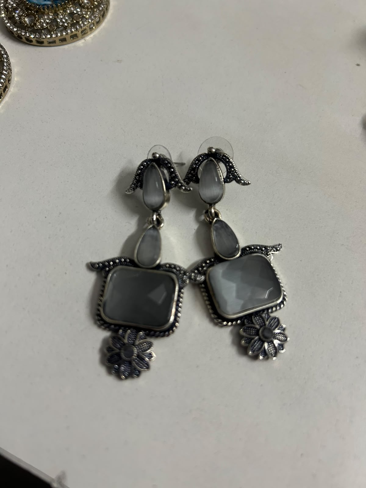 Grey Square Stone Silver Floral Drop Earrings