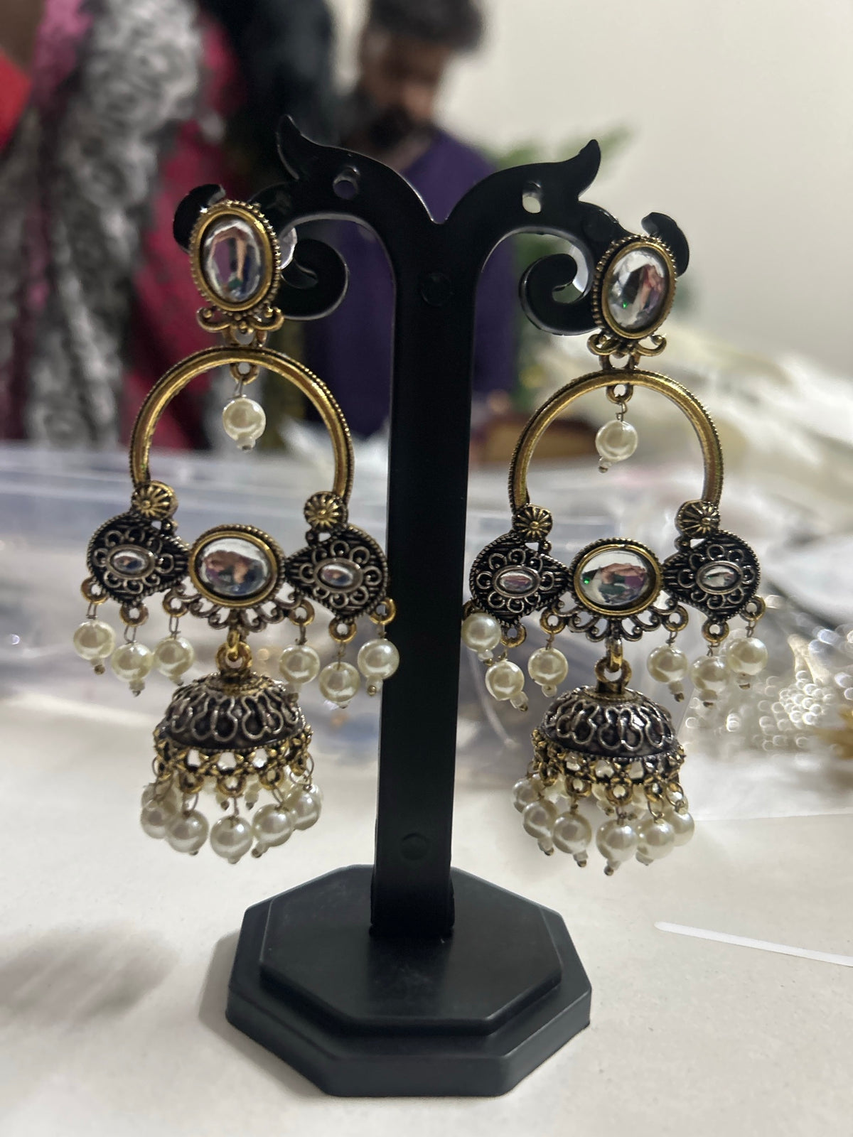 Antique Black Gold Kundan Chandbali Jhumka with Pearls
