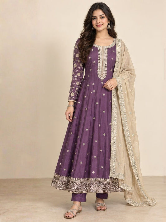 Purple embroidered anarkali suit set for Diwali 2026 | Saviias Studioz