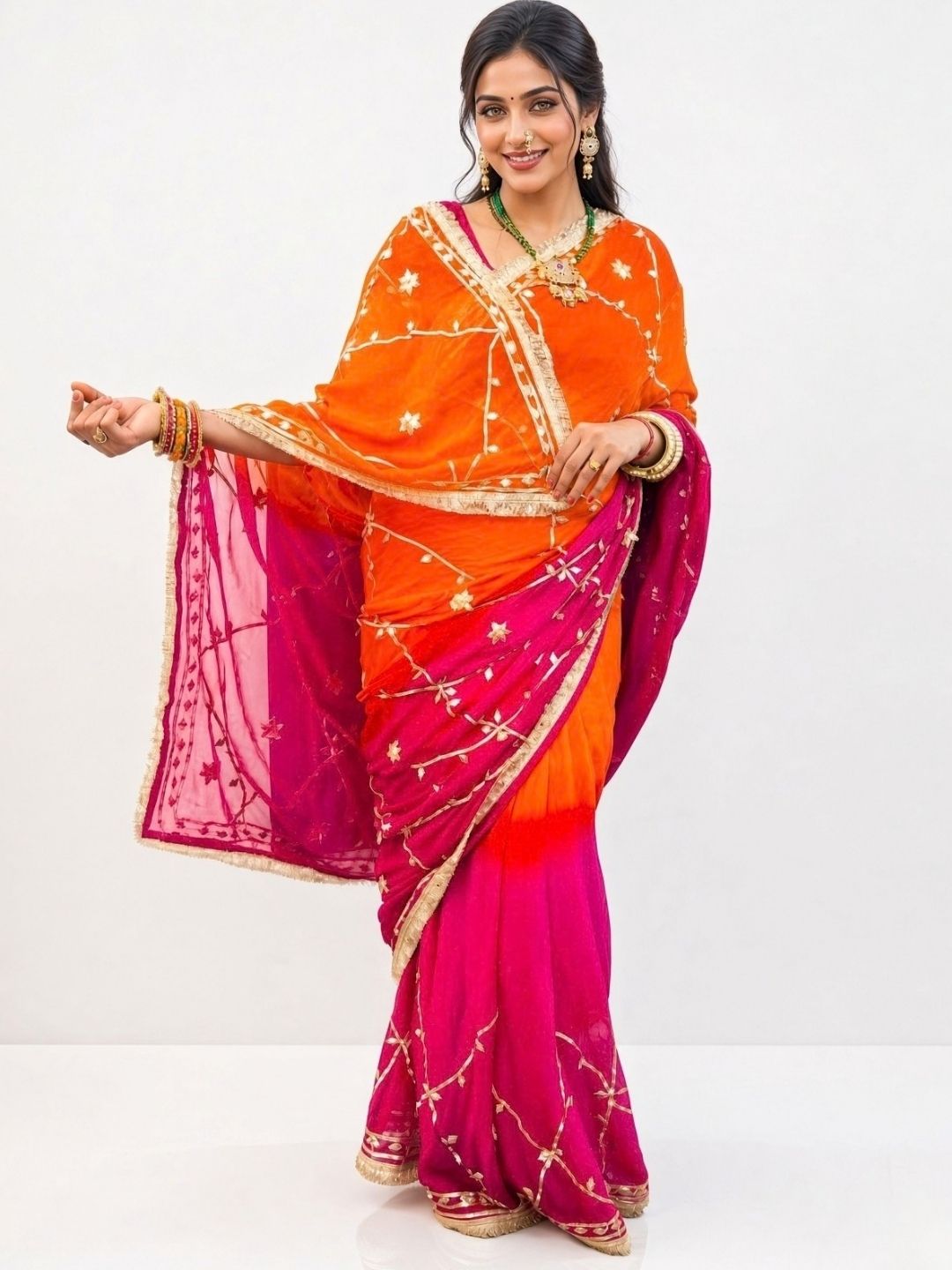 Orange-pink ombre kachcha gota patti pure chiffon saree, draped