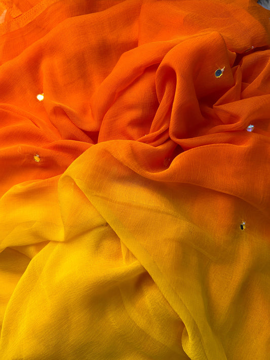 Orange-yellow ombre mirror work saree for Chhath Puja 2026