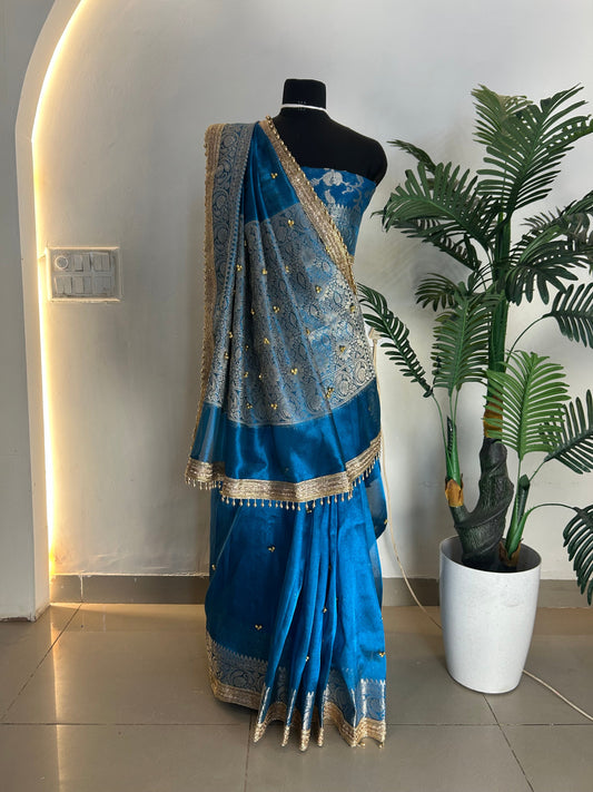Peacock blue ghungroo saree for Navratri garba