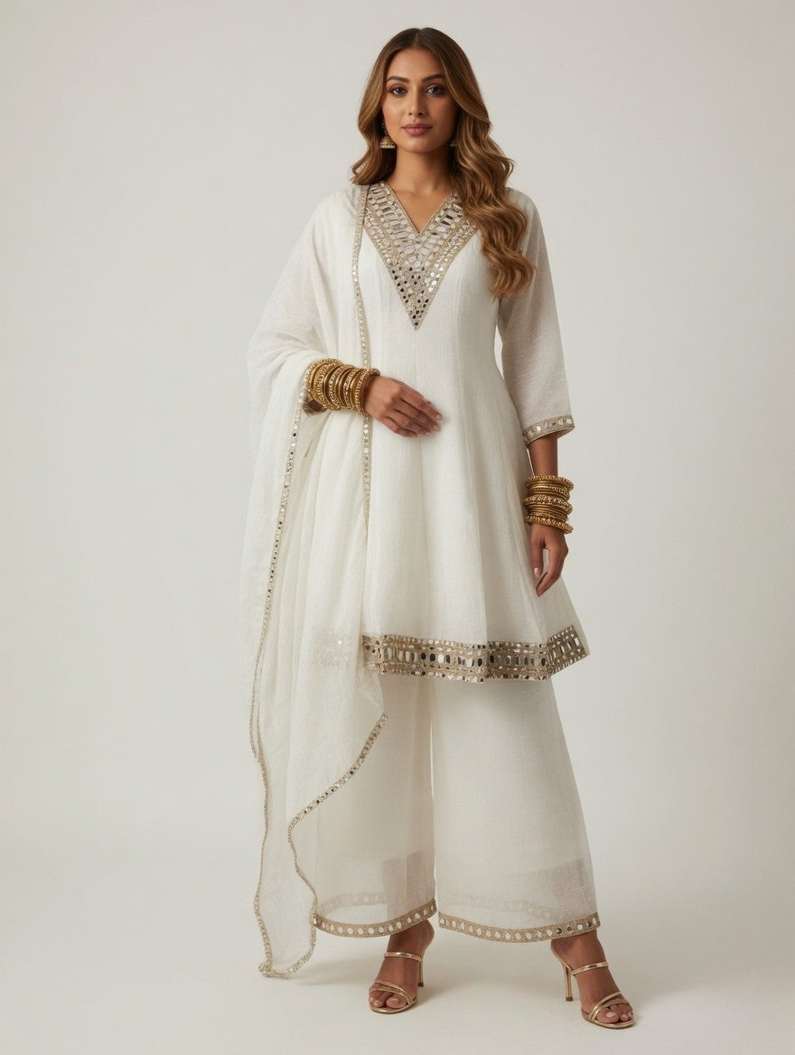 White-Mirror Work Kurta Palazzo Set
