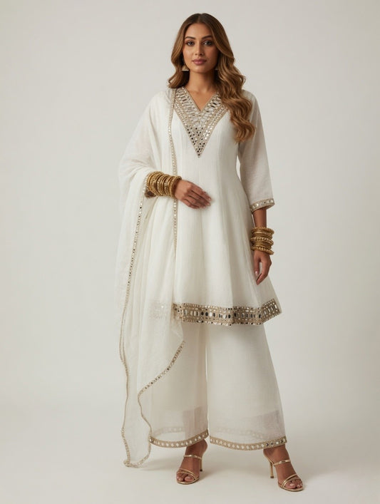 White-Mirror Work Kurta Palazzo Set