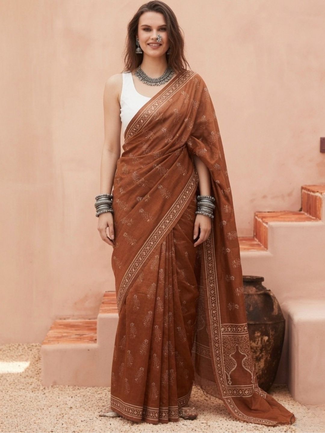 Rust Brown Chanderi Cotton Saree with Hand Block Print & Woven Border