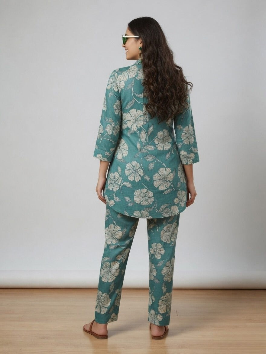 Teal Floral Printed Co-Ord Set | Shirt Style Kurta with Matching Pants