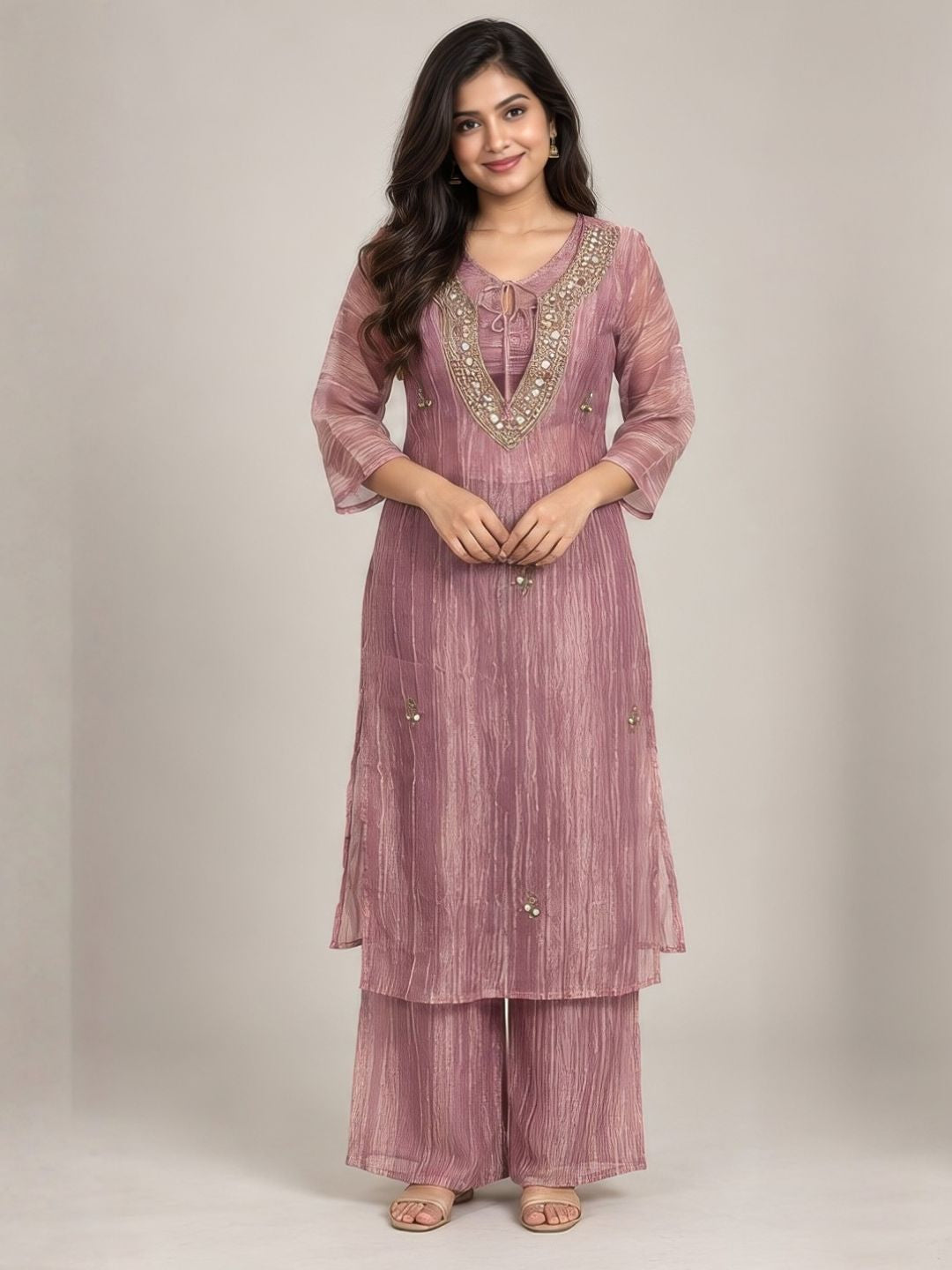 Mauve organza crush kurta palazzo set with mirror work neckline – full length look | Saviias Studioz
