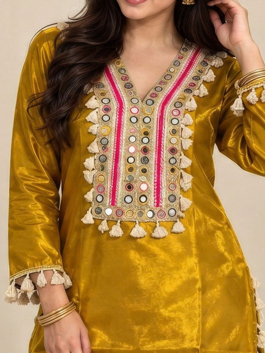 Mustard gold farshi salwar suit with mirror work and tassels | Saviias Studioz