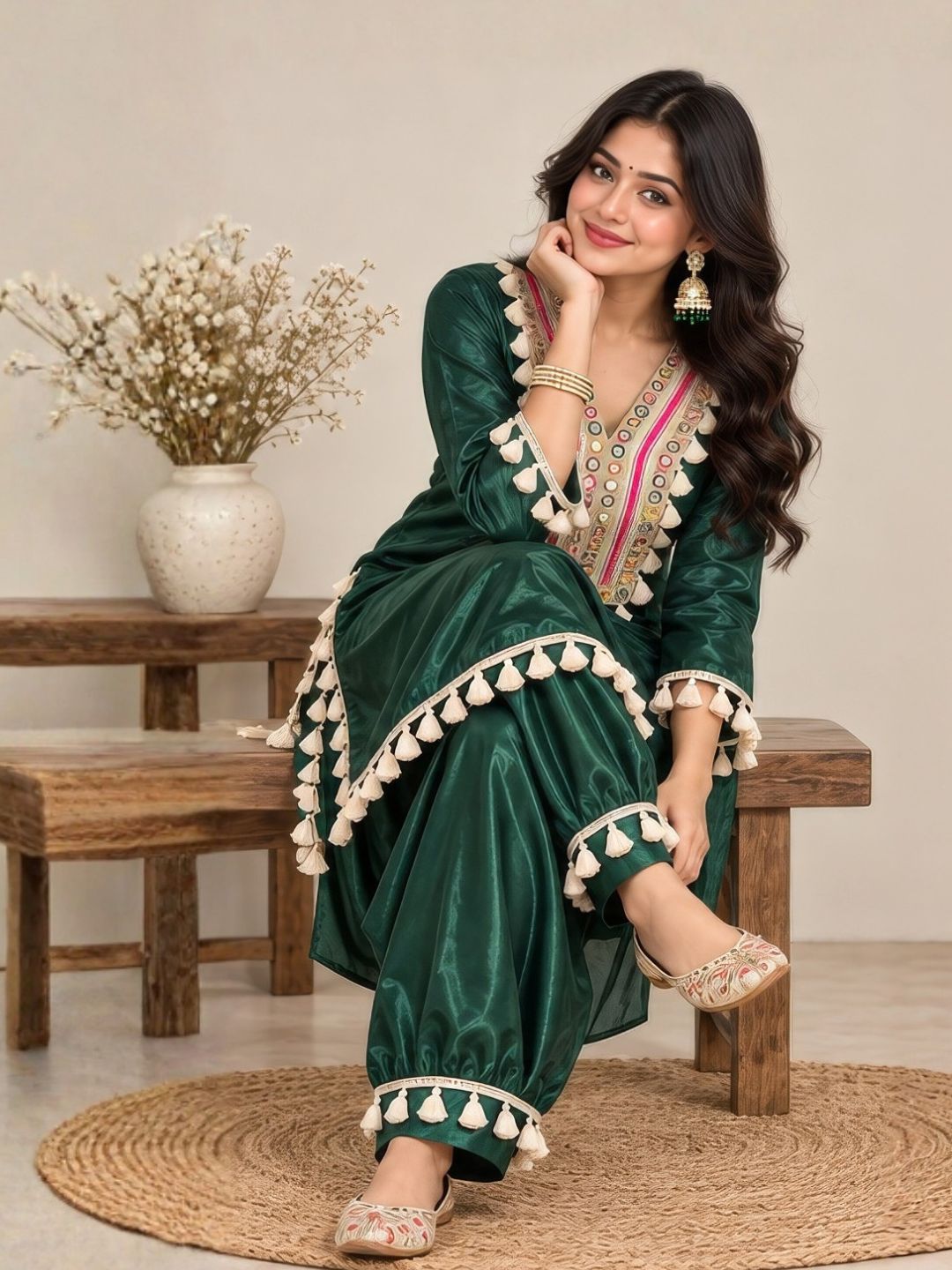 Bottle green farshi salwar suit with mirror work and tassels | Saviias Studioz