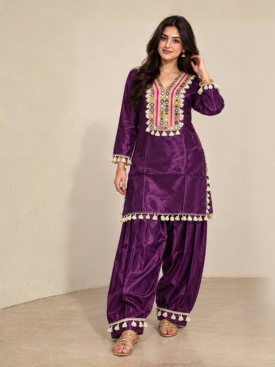 Royal Purple Farshi Salwar Suit Set with Mirror Work & Tassels
