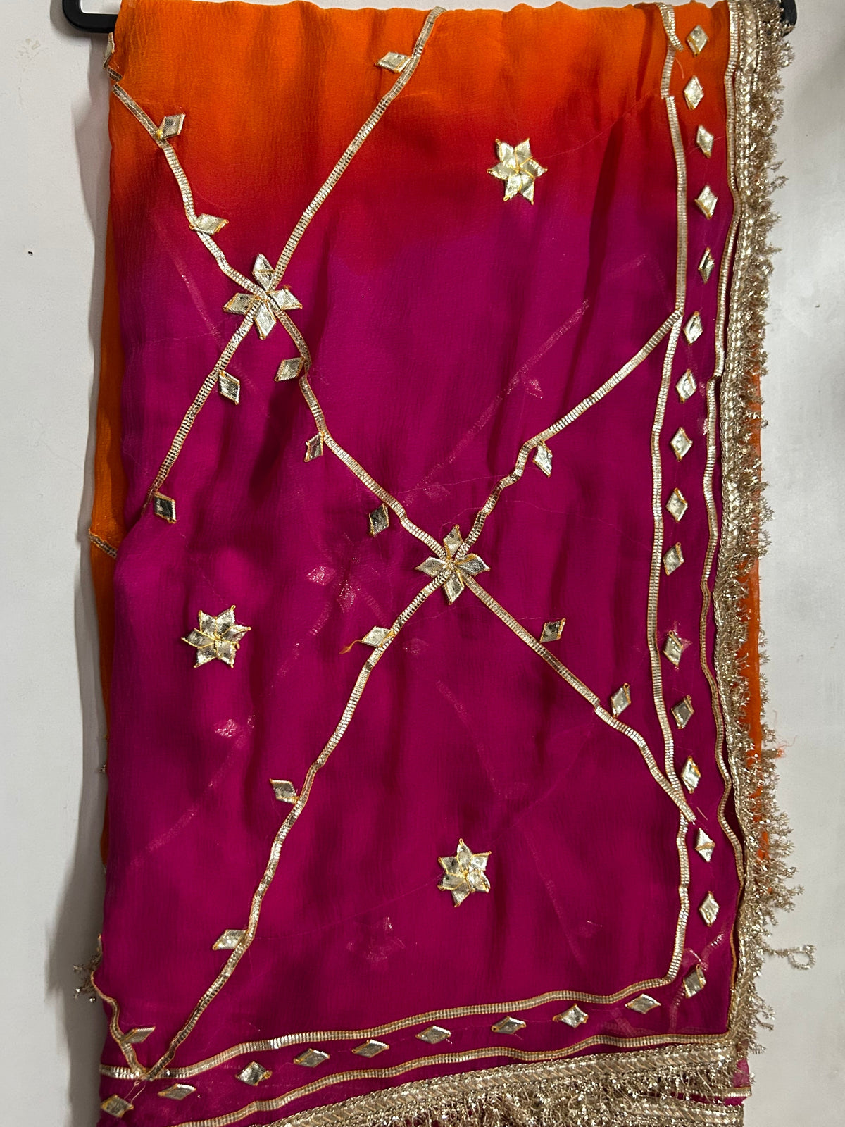 Orange-pink ombre gota work chiffon saree, pallu view
