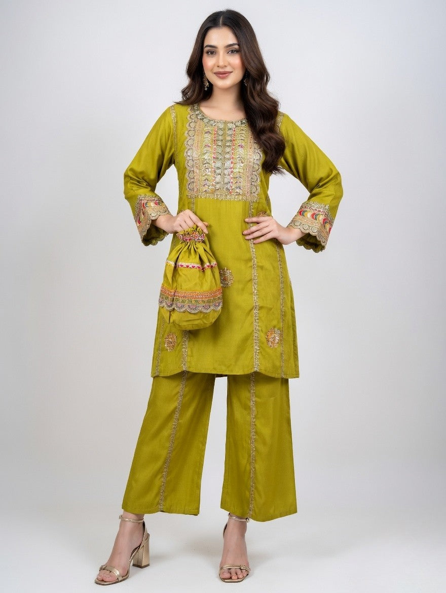 Mehndi color- Gotta patti set with Potli Bag