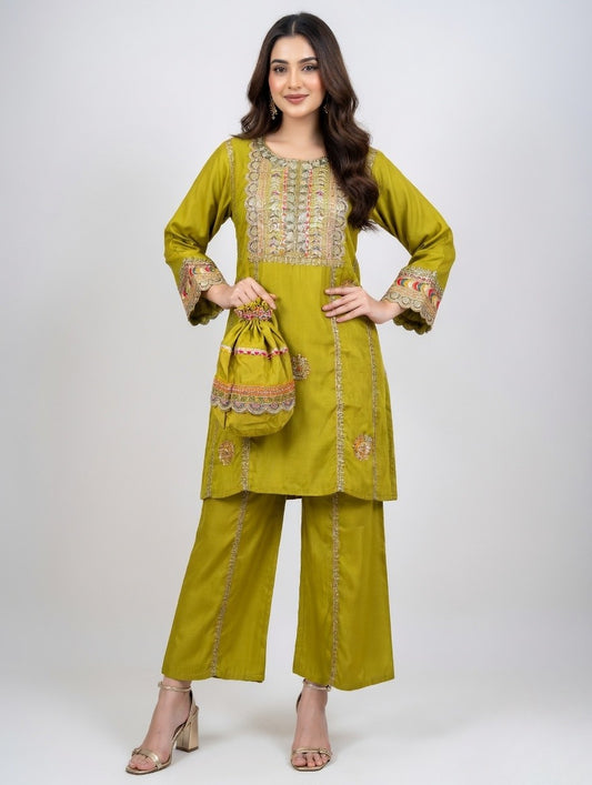 Mehndi color- Gotta patti set with Potli Bag